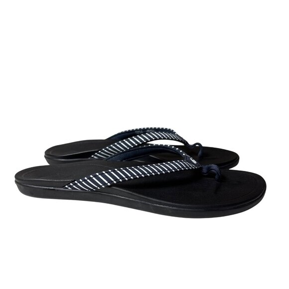 OluKai Ho'Opio Flip Flops Sandal Size 6 Black Onyx Stripe Beach Minimal Comfort - Picture 2 of 9